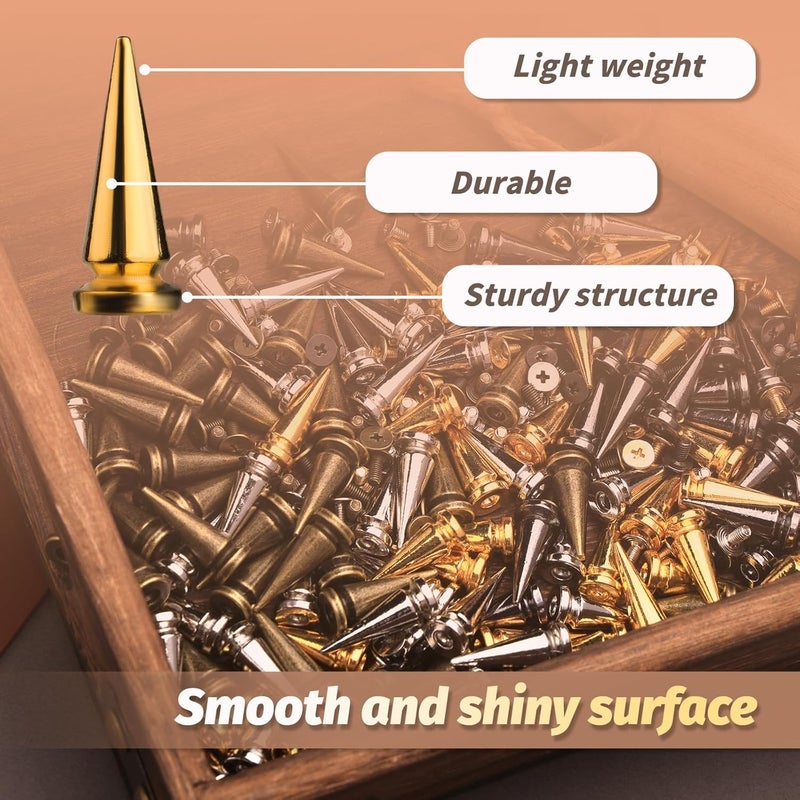 QMNNMA 240 Sets Punk Spikes and Studs Kit, 4 Colors Cone Spikes, 3 Sizes Metal Tree Spikes Screwback Studs for DIY Leathercraft and Punk Style Clothing Accessories - Image 3